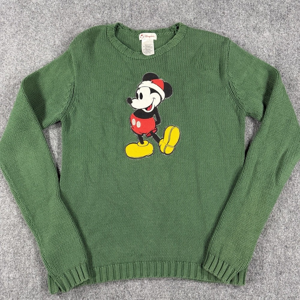 Vintage Disney Mickey Sweater Medium Green Knit 90s Christmas‎ Santa Hat